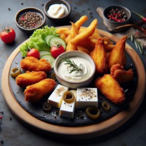 Un aperitivo con un plato de queso blanco frito y unas alitas